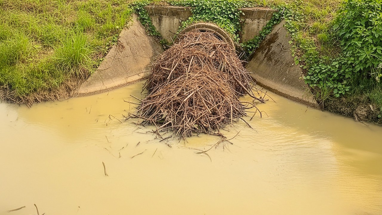 Unclogging a Completely Blocked Culvert Huge Debris Inside!