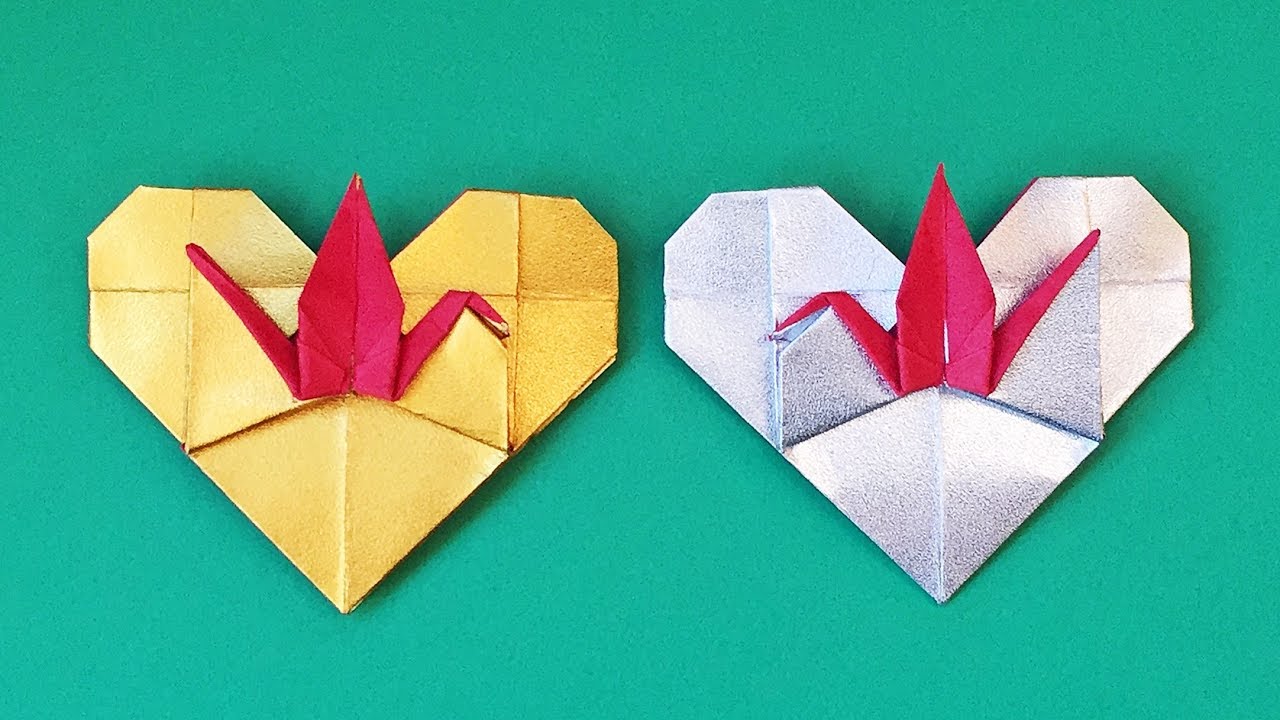 【折り紙】ハート鶴の折り方　Origami Heart Crane【音声解説あり】おめでたい祝い鶴
