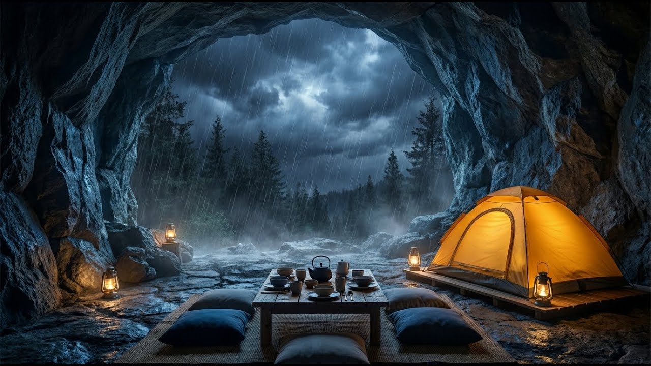 Heavy Rain & Cozy Lanterns in Cave 🌧️🏮 Sleep, Relax, Calm Night Ambience