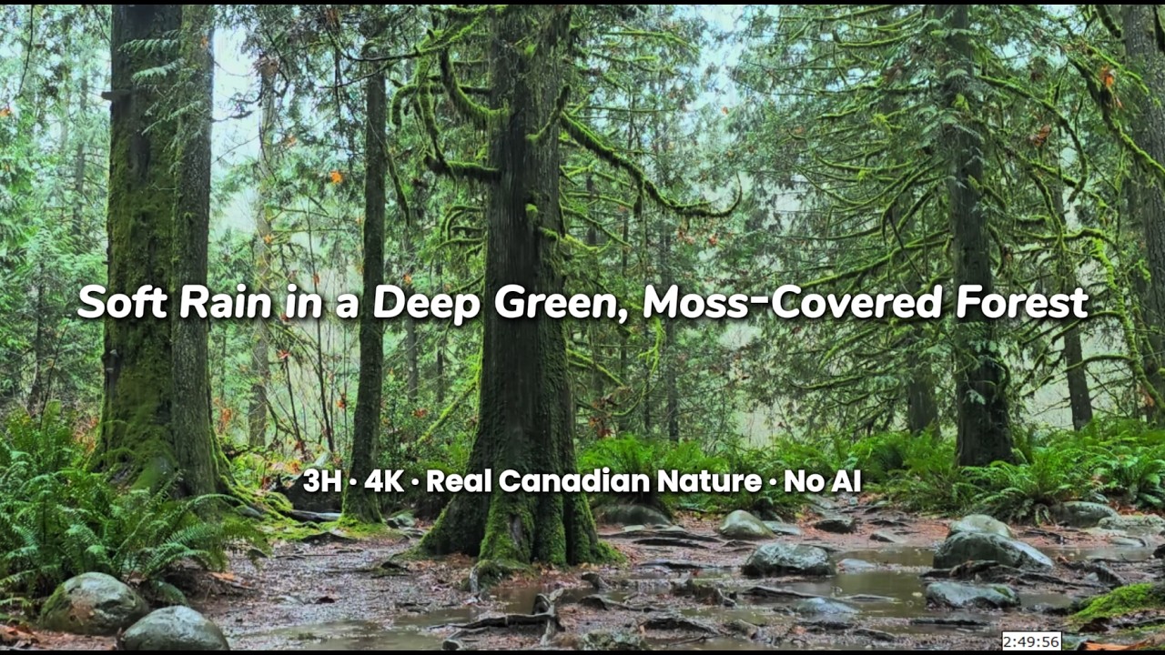 Gentle Rainfall in a Mossy Canadian Forest · 3H Relaxing Nature Ambience (4K)