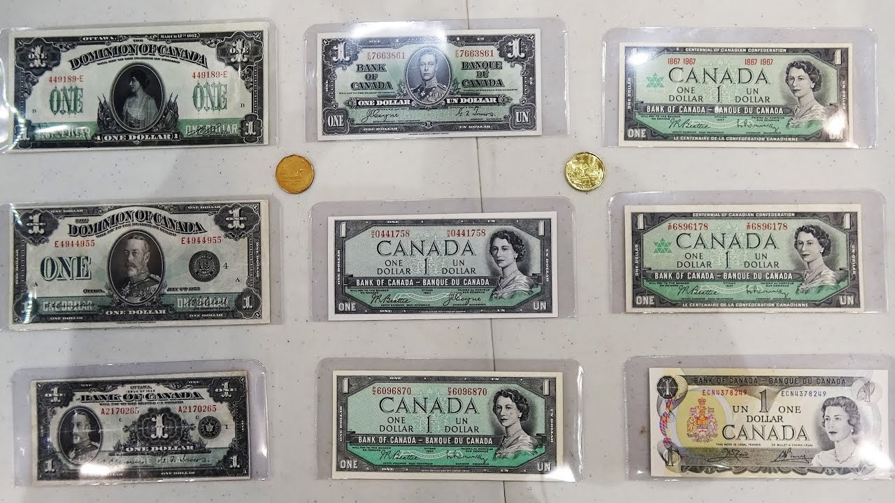 Canadian 1 Dollar Bills Starting in 1917 Ending in 1987