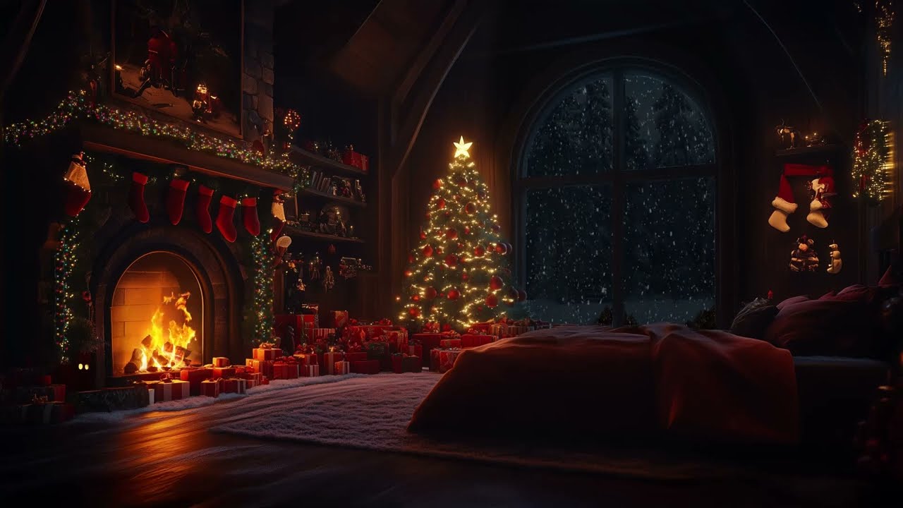 Peaceful Christmas Atmosphere✨Cozy Room with Snowstorm & Warm Fireplace Sounds☃️