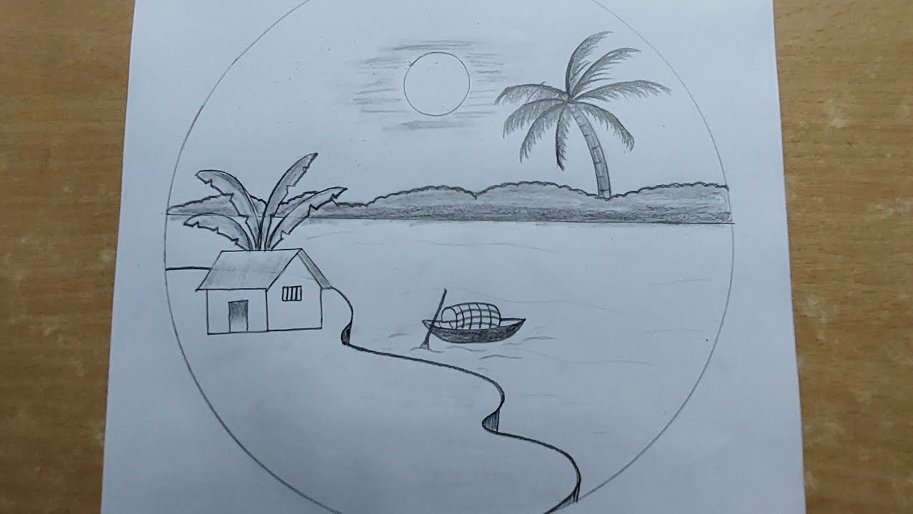 Simple riverside village house with tree scenery drawing in circle | Easy scenery drawing in circle 