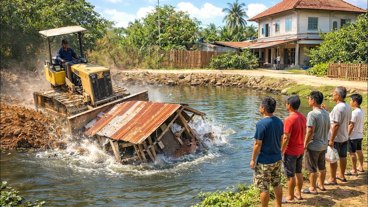 Ohh!! New Landfill Site Delete Pond Be watchful by Bulldozer spreading soil & Dump Truck delivery