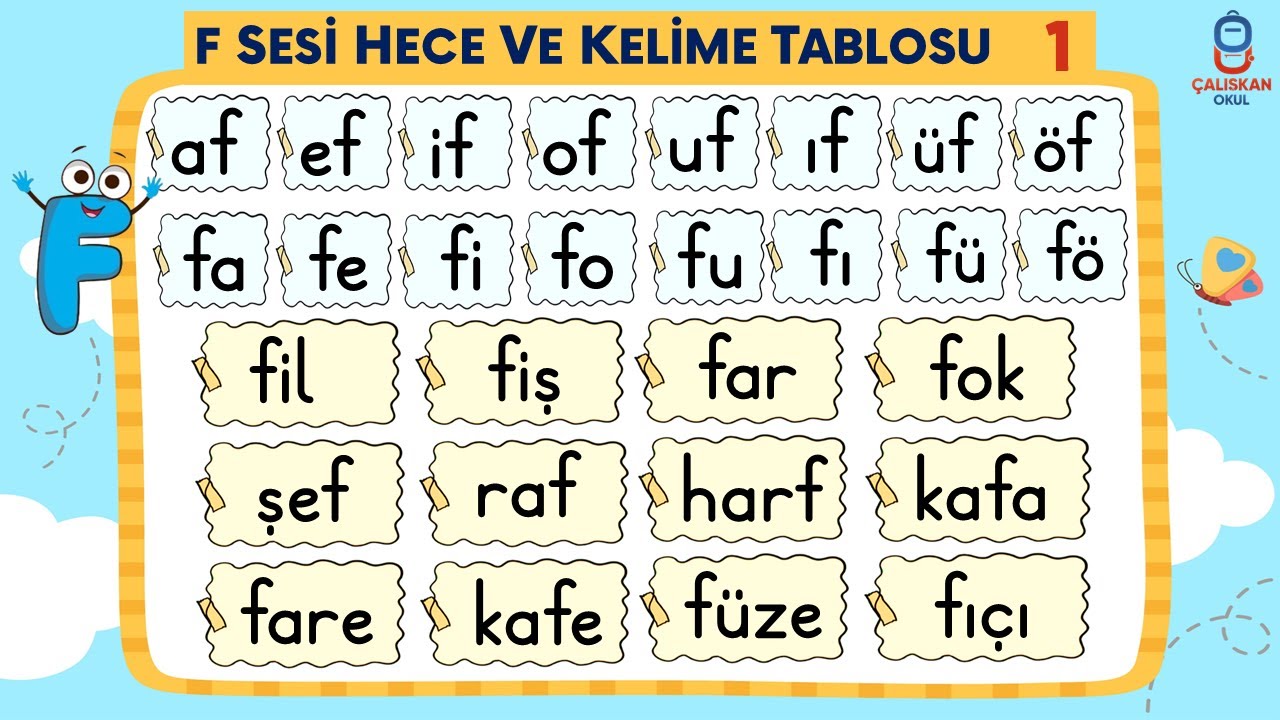 F Sesi Hece ve Kelime Tablosu - F Sesini Öğreniyorum - Yeni Müfredat Okuma Yazma Öğretimi