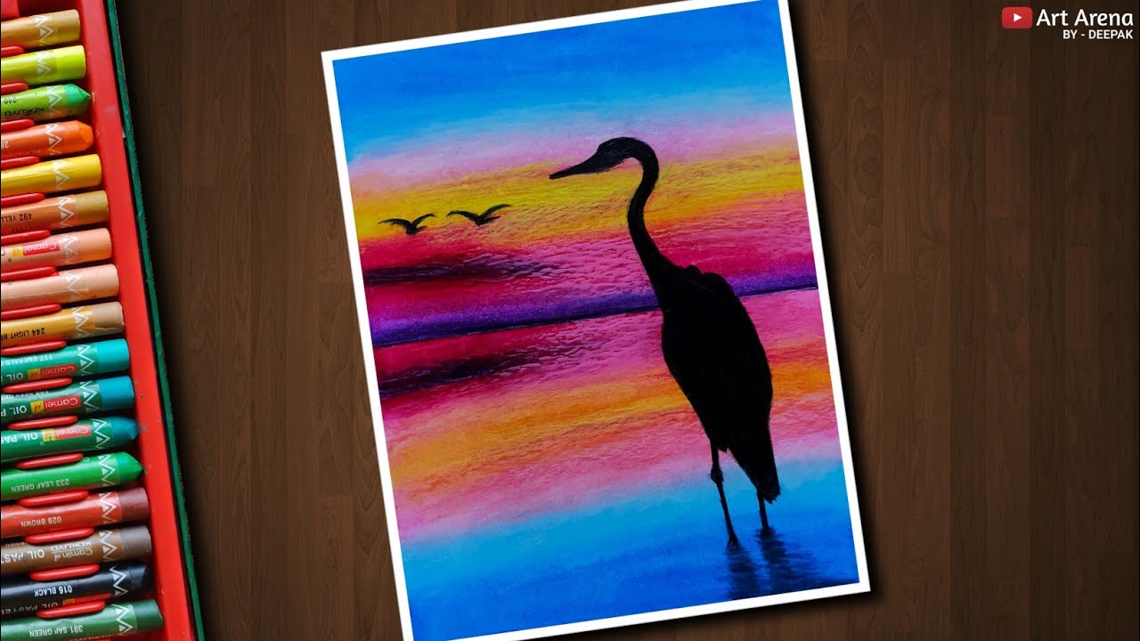 Egret Sunset Landscape Drawing for Beginners with Oil Pastels - step by step