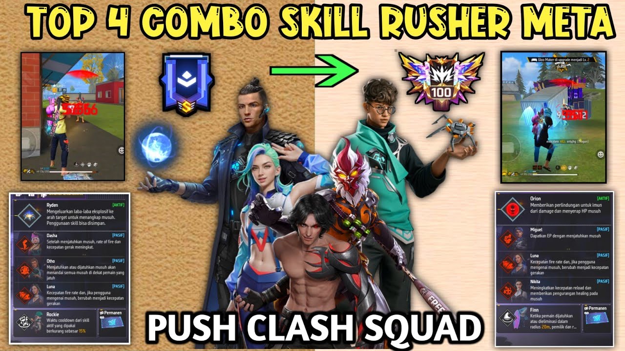 FF COMBO SKILL 😈 ( RUSHER KOMBINASI ) || KOMBINASI SKILL KARAKTER RUSHER UNTUK BR-RANK & CS-RANK