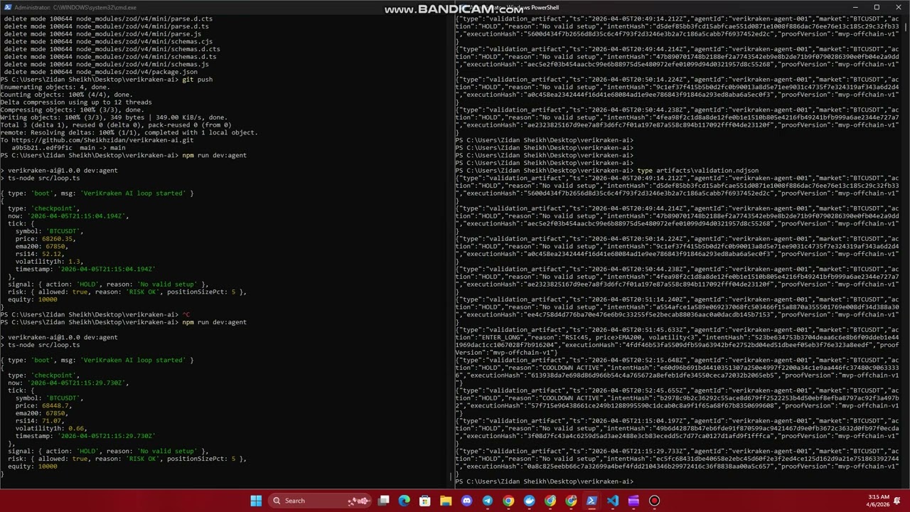 VeriKraken AI Demo - Risk Aware Trading Agent (Kraken CLI + ERC-8004)