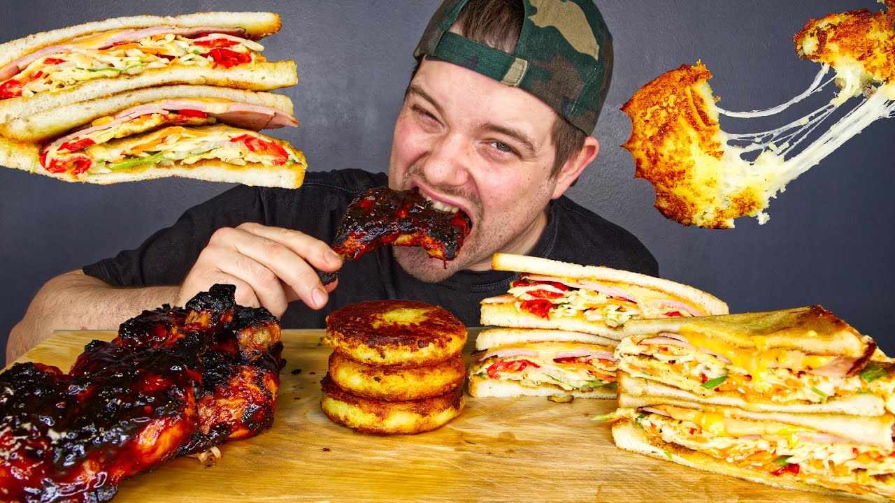 MUKBANG ASMR KOREAN STREET TOASTS, CHEESY POTATO CAKES & STICKY GRILLED CHICKEN | DAVE KAY ASMR