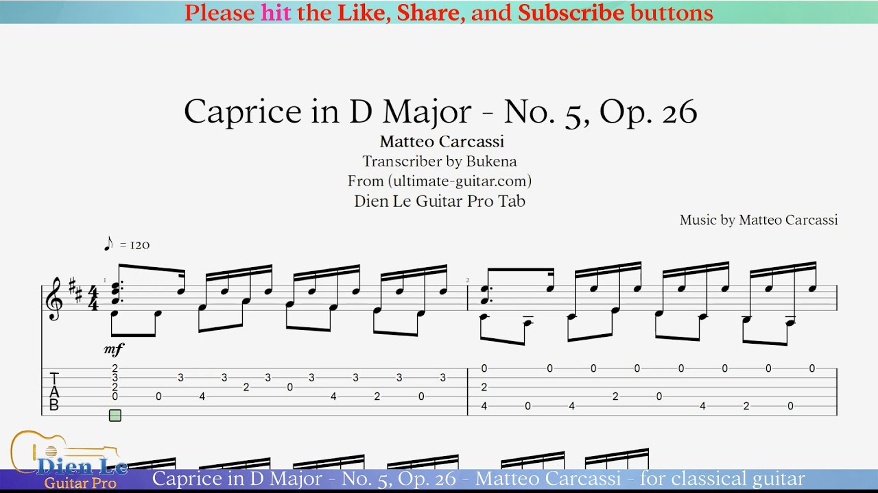 Caprice in D Major - No. 5, Op. 26 - Matteo Carcassi - for classical guitar with tab