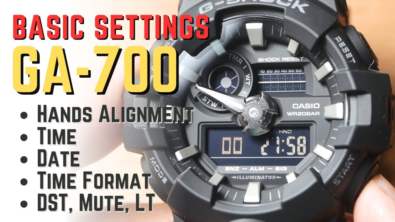 Руководство по быстрым настройкам Casio G-Shock GA-700: как настроить положение стрелок, время, д...