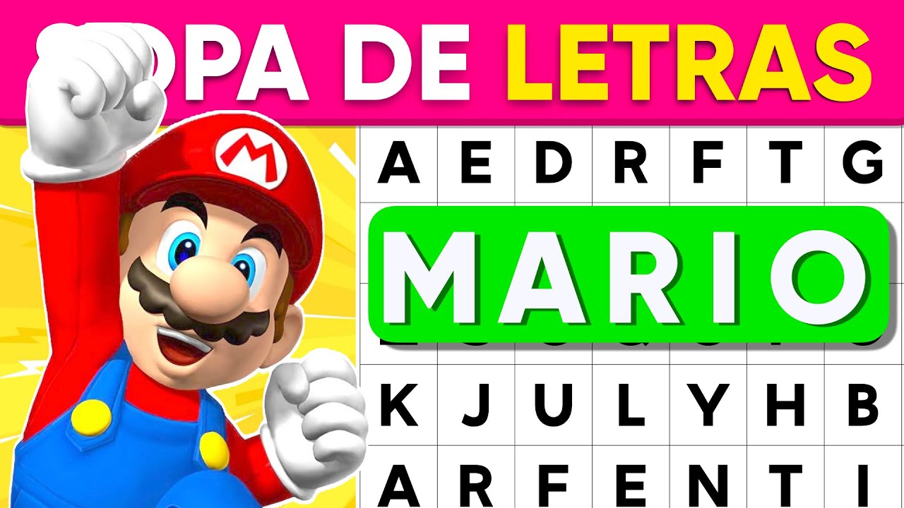 Sopa de Letras de SUPER MARIO BROSS 🍄 Adivina a Mario 💚 Luigi 🍑 Peach 🍄 Toad 🌈 Bowser 🥰