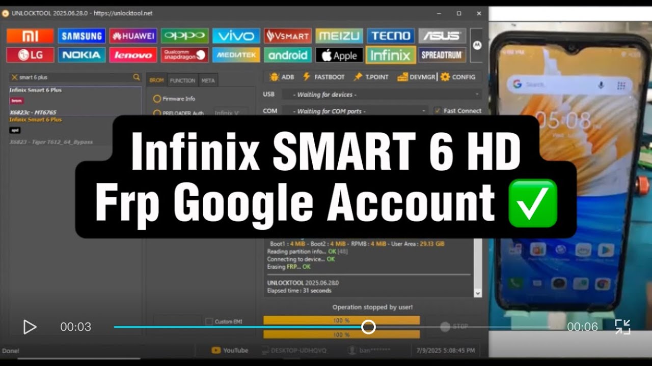 Infinix SMART 6 HD X6512 Frp Google Account bypass with UnlockTool