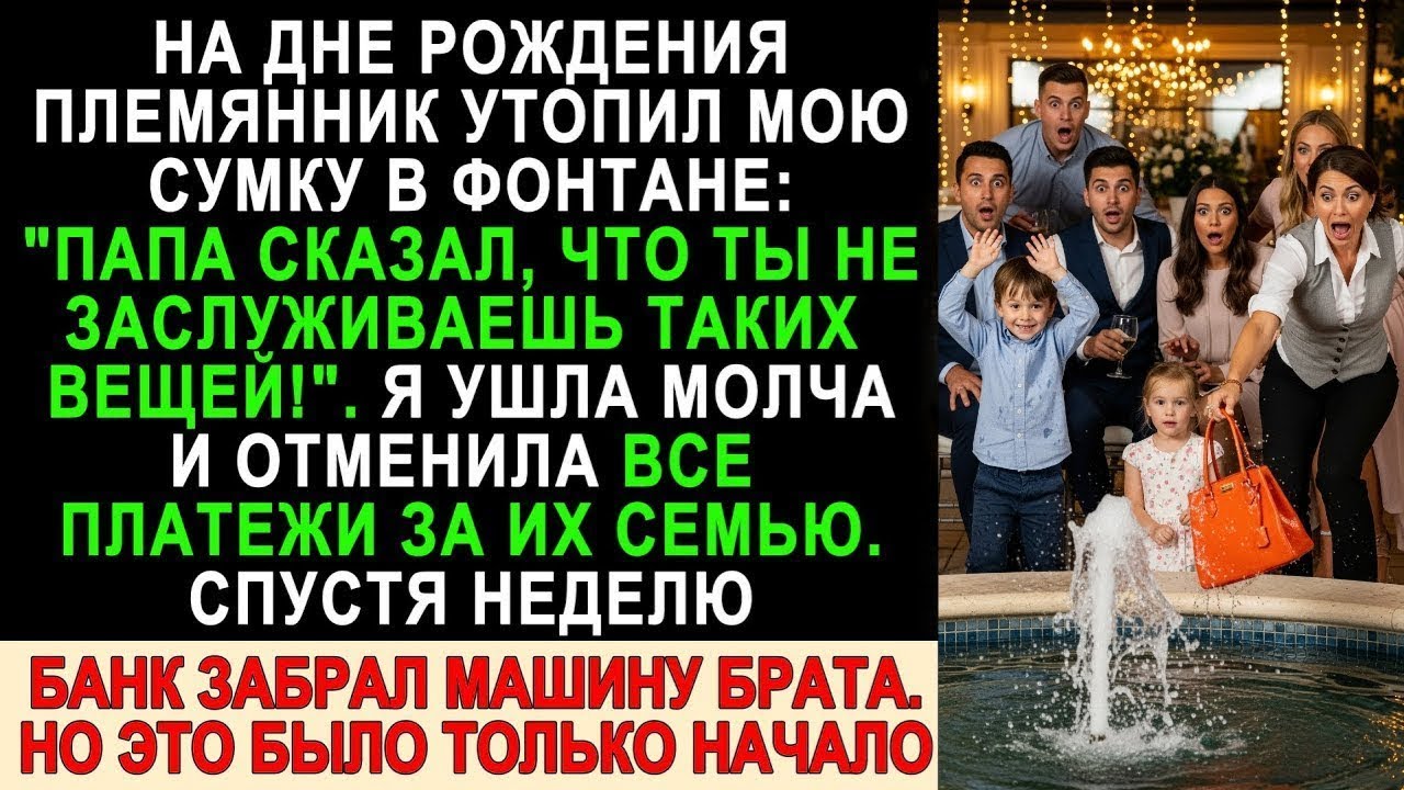 Племянник утопил мою сумку в фонтане — я молча ушла и лишила семью всего. Но это было только начало…