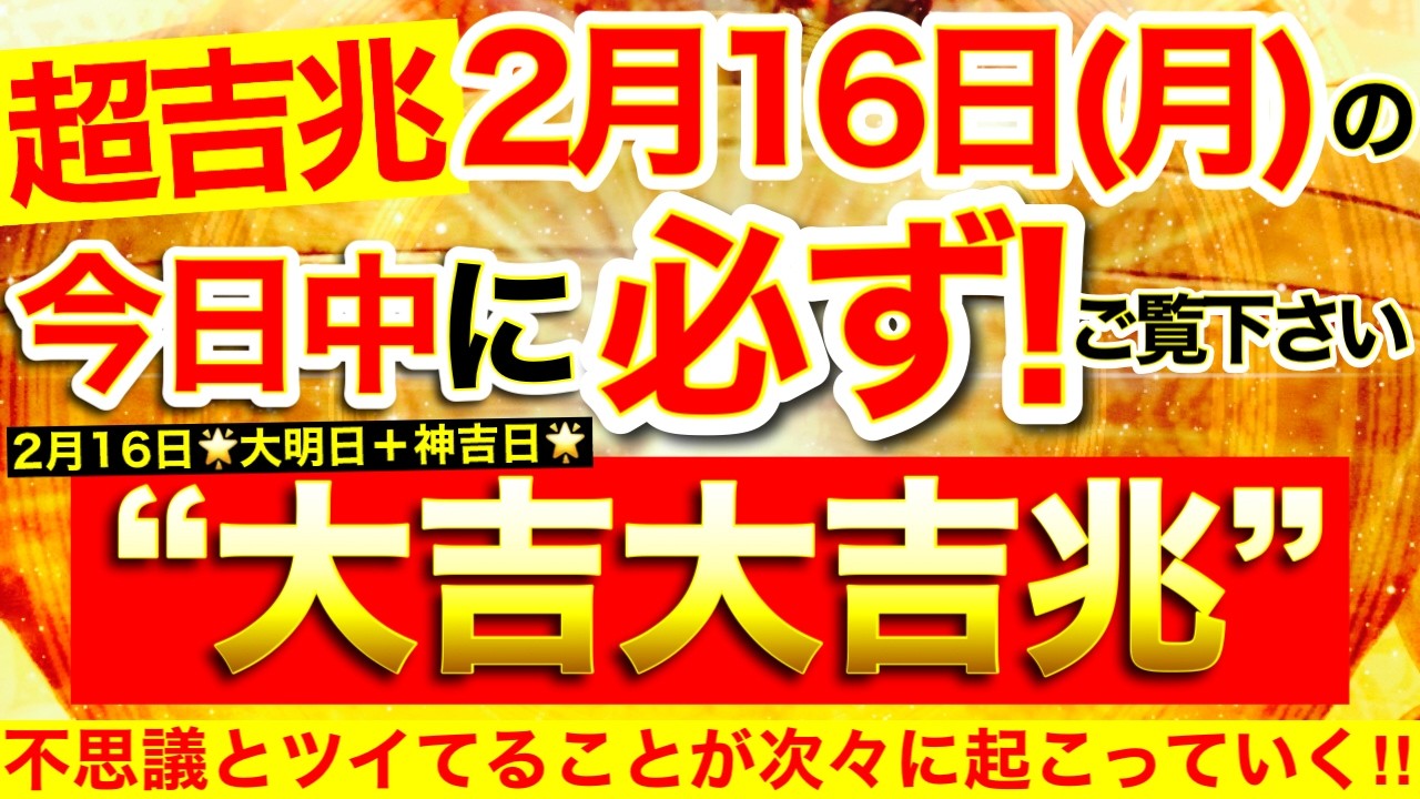 【超吉兆※】本日中に必ずご覧ください※【2026年2月16日(月)大大吉日】負のエネルギー払拭※不運悪縁遠のいていき不思議とツイてることが次々に起こっていく⭐️【なぜか奇跡が起こる高波動邪気祓い動画】