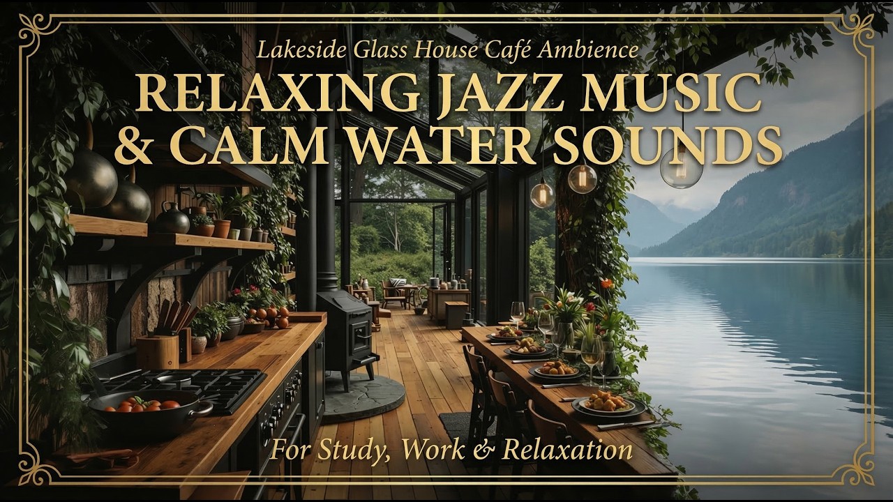 Lakeside Glass House Café Ambience | Relaxing Jazz Music & Calm Water Sounds for Study