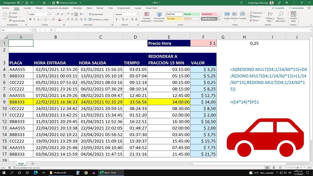Calcular el Tiempo y el Valor a Pagar de un Vehículo en un Estacionamiento con Excel