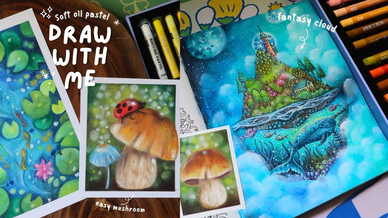 рисуем гриб мягкой масляной пастелью 🌿🍄‍🟫/ фон в виде пушистых облаков для раскрасок ☁️✨️