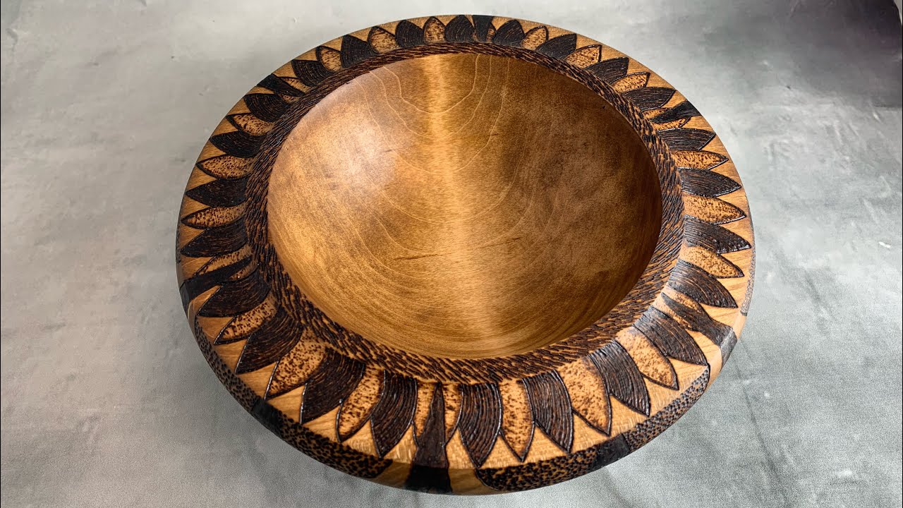 Wood bowl with wood burning art - Woodturning a maple bowl