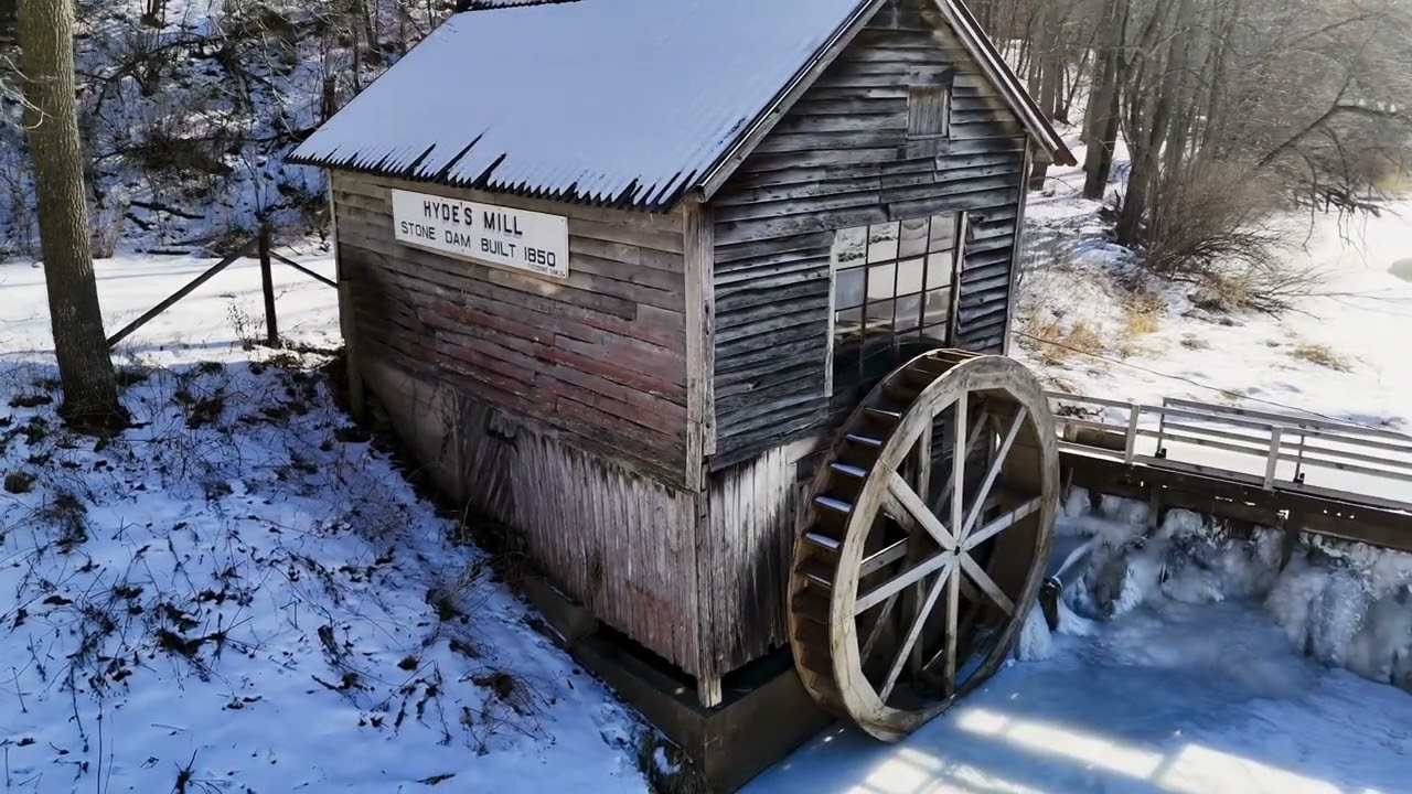 Hydes Mill: Wisconsin's Hidden Wooden Waterwheel Wonder Arial Video Winter