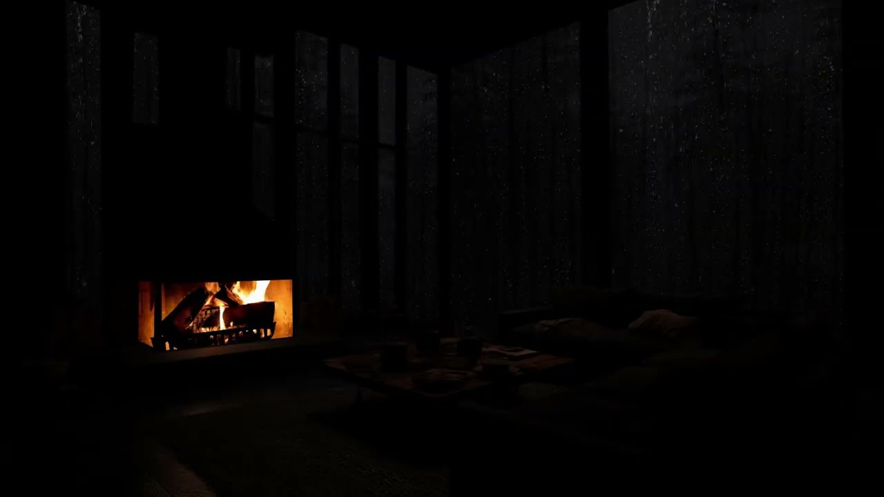 Night Forest Ambience🌲😪Rain Tin Roof+Calm Thunder🔥Firep Sounds for SLEEP, REST & RELAX - Dark screen