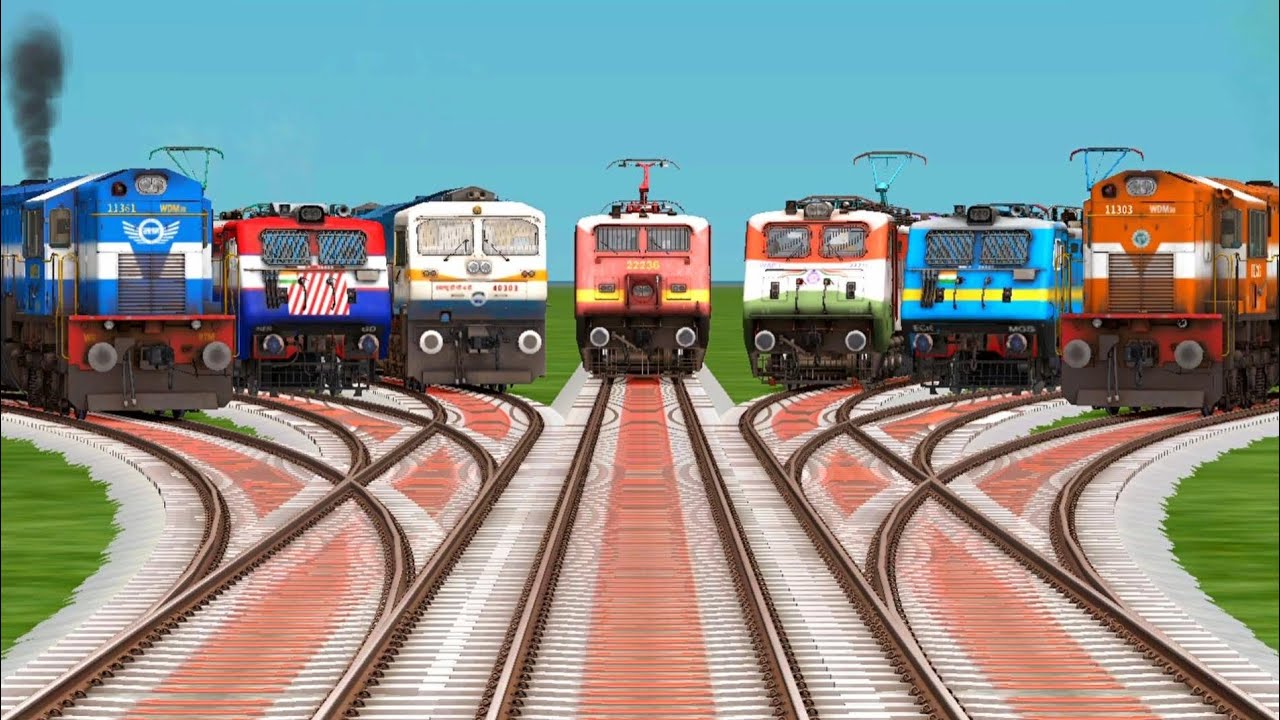 7 Trains Crossing at Bumpy Branched Railroad Tracks 3D Gradient Railroad Crossing || train simulator