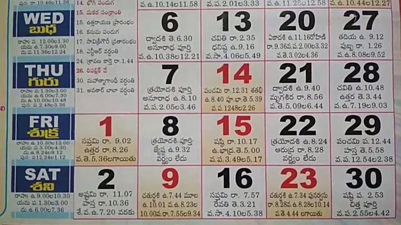 January Telugu Indian Hindu Calendar Festivals 2016 | Telugu Panchangam Hindu festivals & Holidays
