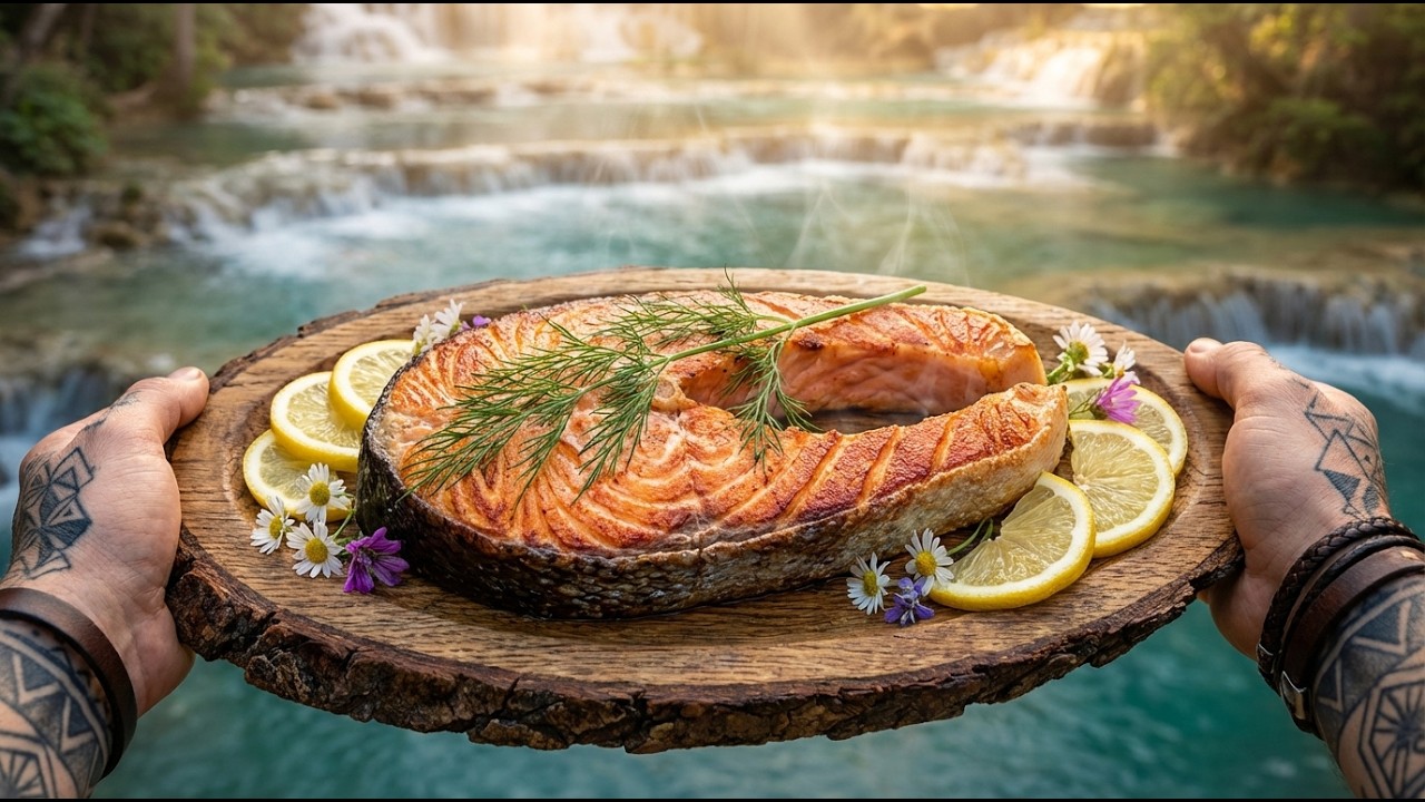 ASMR Salmon Steak on Hot Stone | Outdoor Cooking Nature Sounds