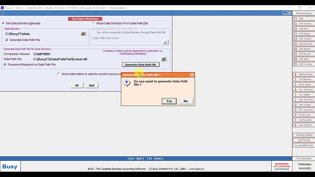 How to set Data Directory and Generate Data Path in Busy 21