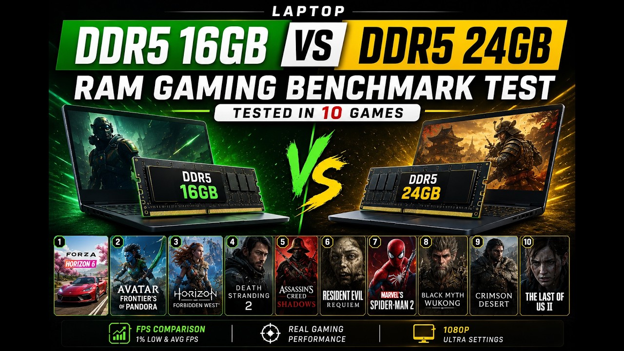 🔥 Laptop DDR5 16GB vs 24GB RAM Gaming Benchmark Test | Performance Difference Revealed! |