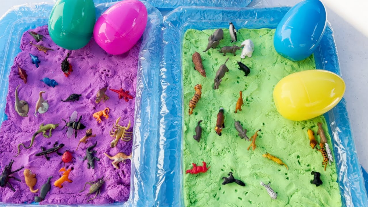 SURPRISE EGGS IN COLORFUL SAND! Animals , Dinosaurs, and more!