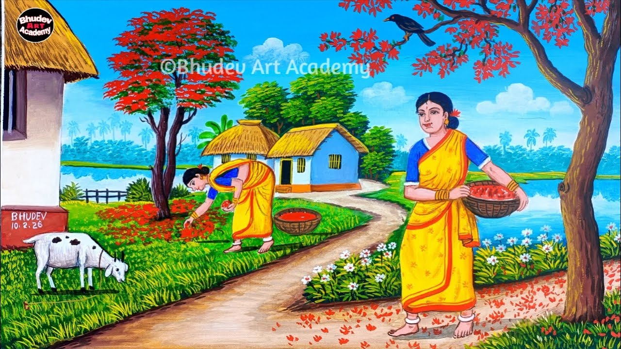 Beautiful Spring Season Scenery Painting|Indian Village Woman Scenery Painting With Earthwatercolor