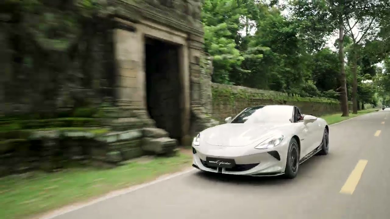 Driving the MG Cyberster around amazing temples &mdash; where innovation meets tradition. 🇰🇭⚡