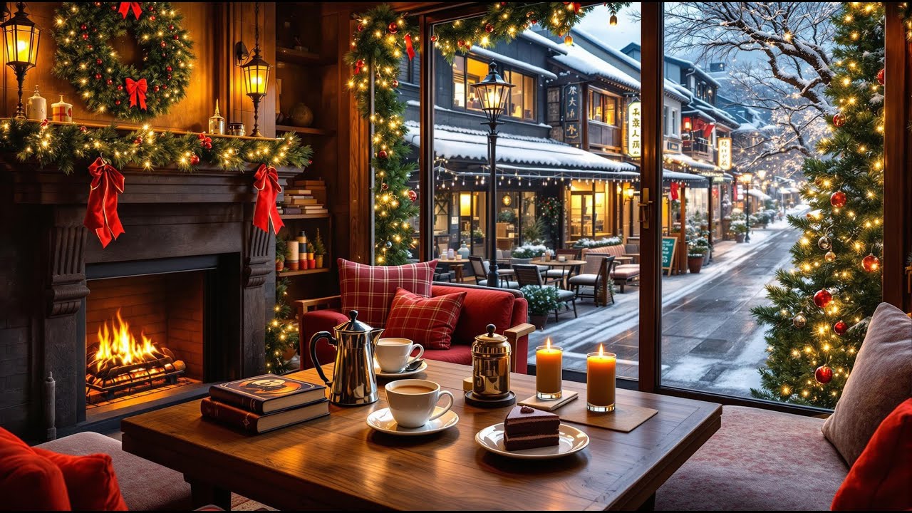 Cozy Christmas Coffee Shop Ambience with Relaxing Jazz Music 🎄❄️🎀Cozy Christmas Fireplace for Relax