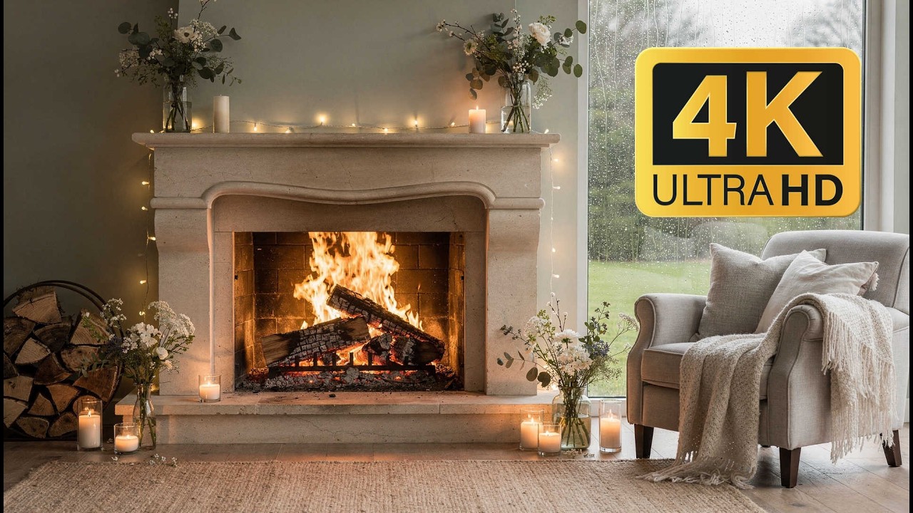 12H Spring Fireplace 4K 🌧️ Cozy Rain & Crackling Fire for Sleep, Study & Relax (No Music)