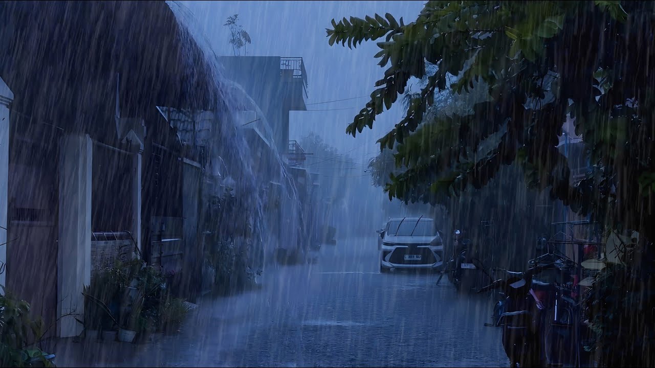 Heavy Rain Pouring on a Indonesian Village with Echoing Thunder | Erase Mental Chatter, Fall Asleep