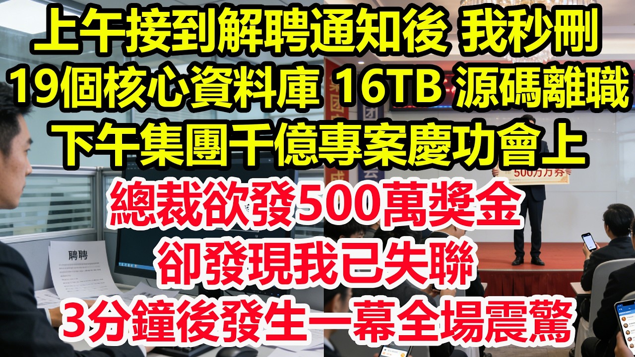 上午接到解聘通知後，我秒刪 19個核心資料庫 16TB 源碼離職，下午集團千億專案慶功會上，總裁欲發500萬獎金，卻發現我已失聯，3分鐘後發生一幕全場震驚！#情感 #爽文 #職場 #生活 #總裁