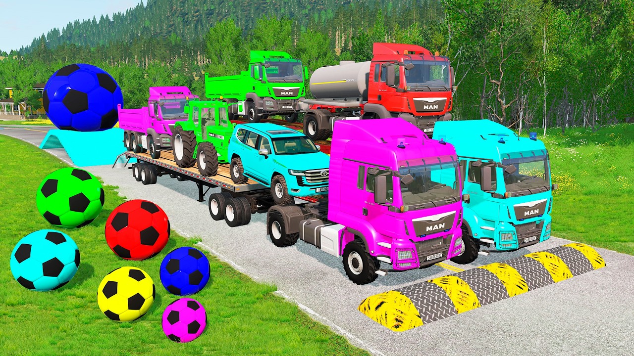 Flatbed Trailer McQueen Transportation with Truck - Speedbumps vs Cars vs Train - BeamNG.Drive #63
