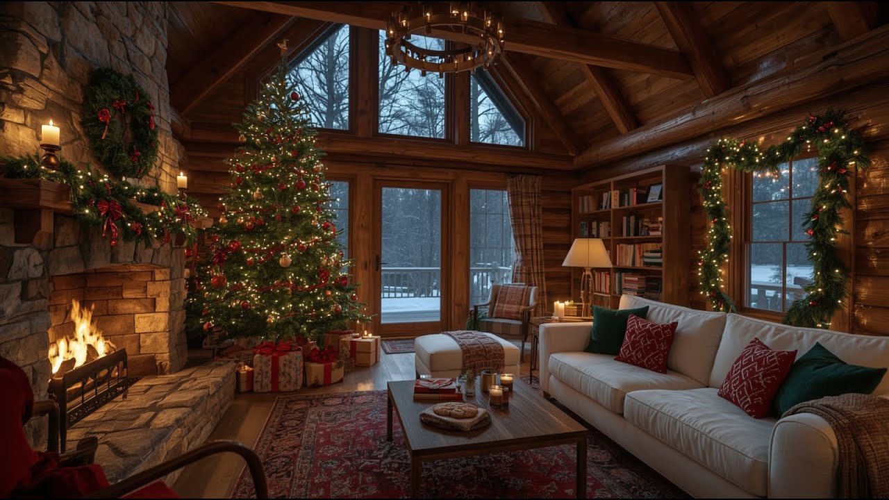 Christmas Night Ambience 🎄 Snowfall, Fireplace & Soft Jazz Melodies
