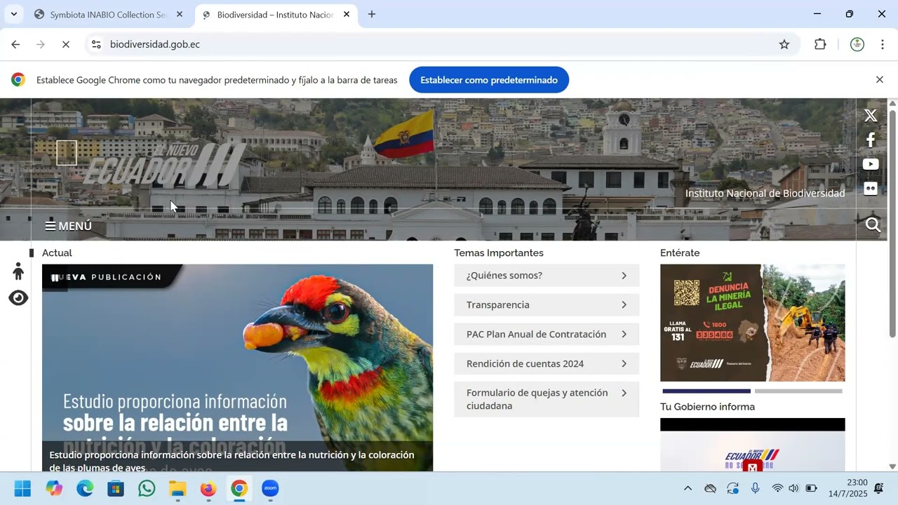Manejo de base de datos SYMBIOTA del INSTITUTO NACIONAL DE BIODIVERSIDAD ECUADOR