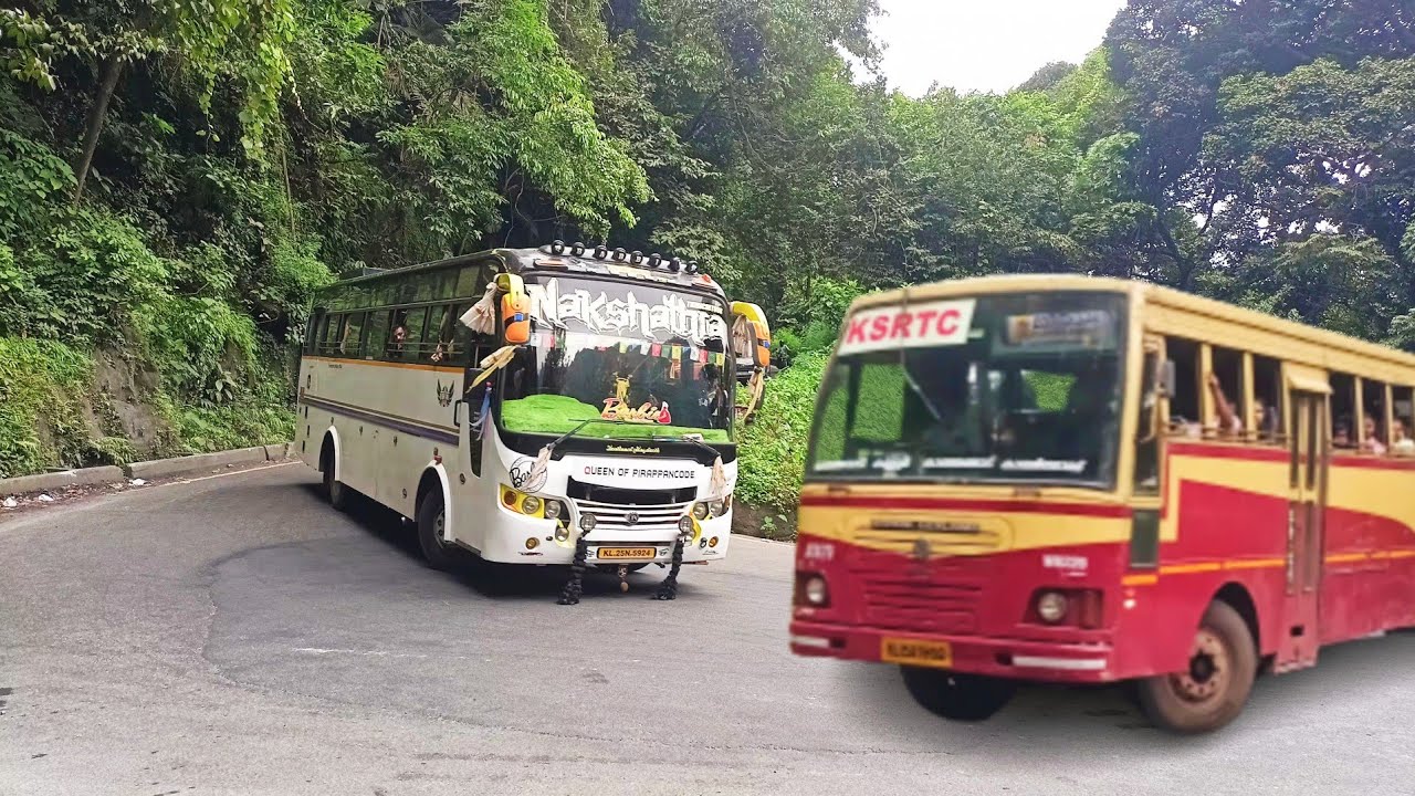 Tourist Bus And Ksrtc Buses Turning Seventh Hairpinbend Thamarassery Ghat Kerala India