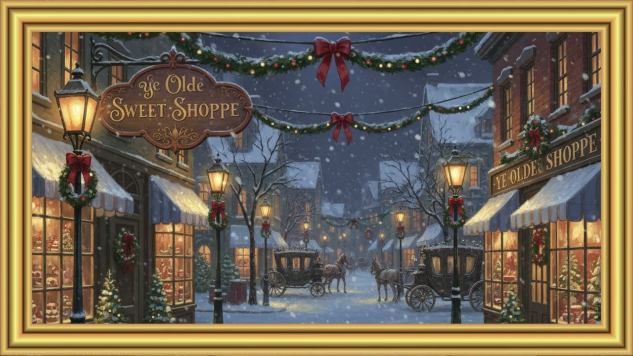 Vintage Christmas Street Scene | Gold Frame TV Art | Cozy Winter Ambience for Holiday Decor