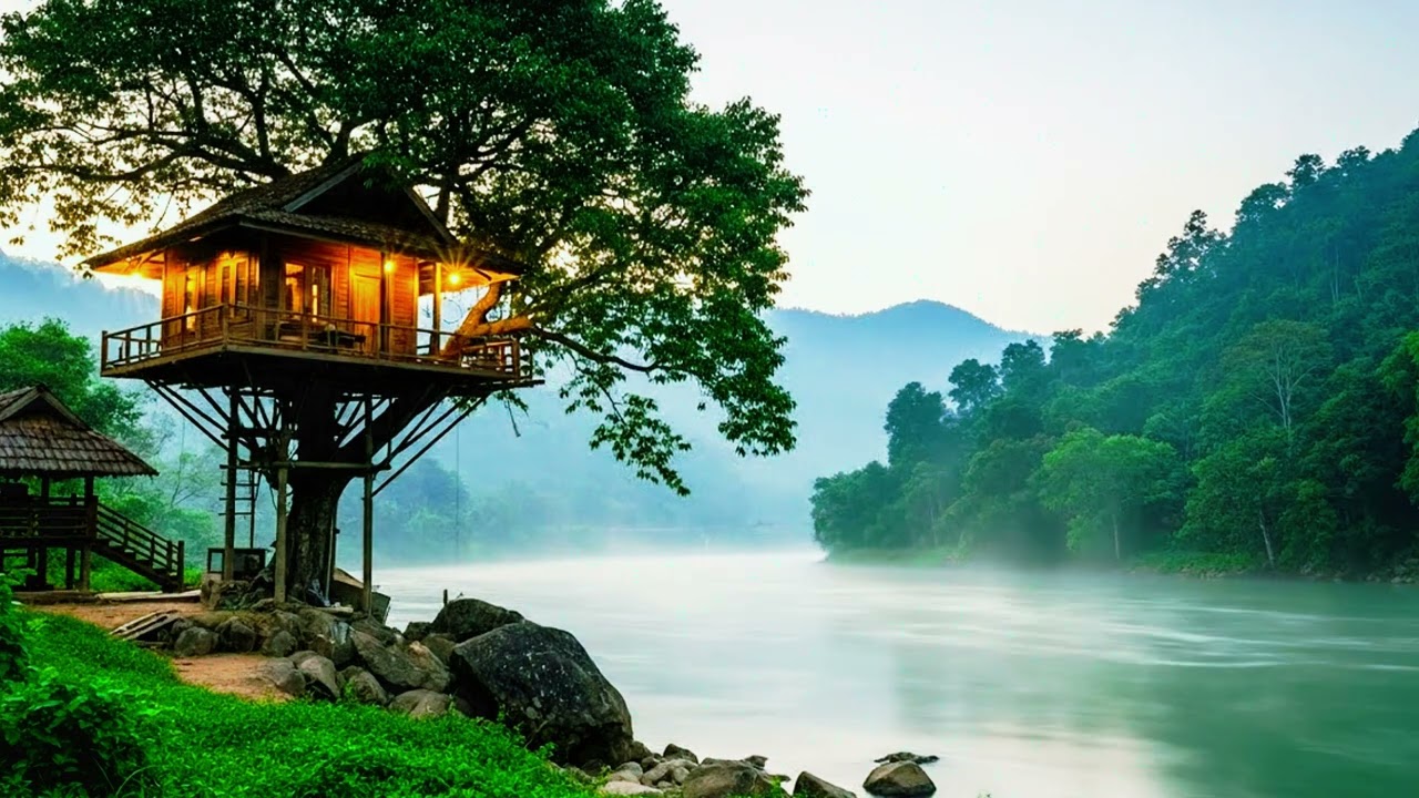Most Beautiful Tree House by the River | Relaxing Music with Fresh Wet Nature & Flowing Water