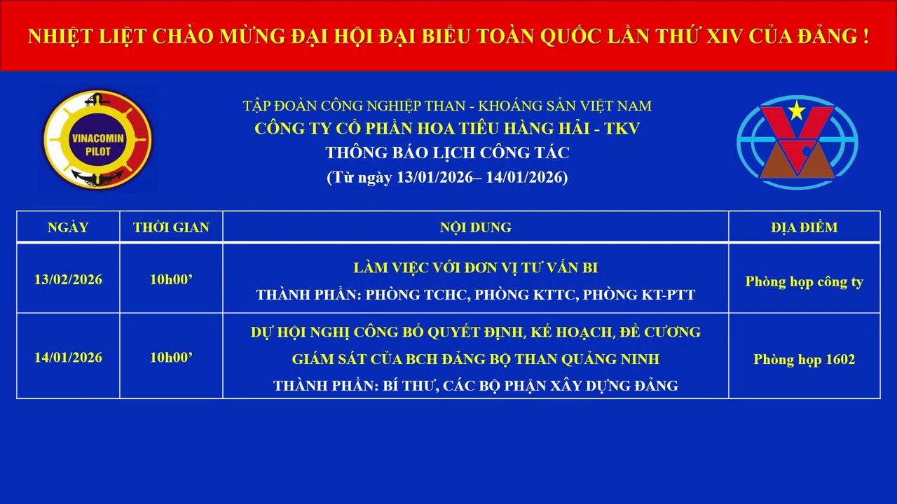 Thông báo lịch công tác SLIDE Hoa tieu CHUẨN