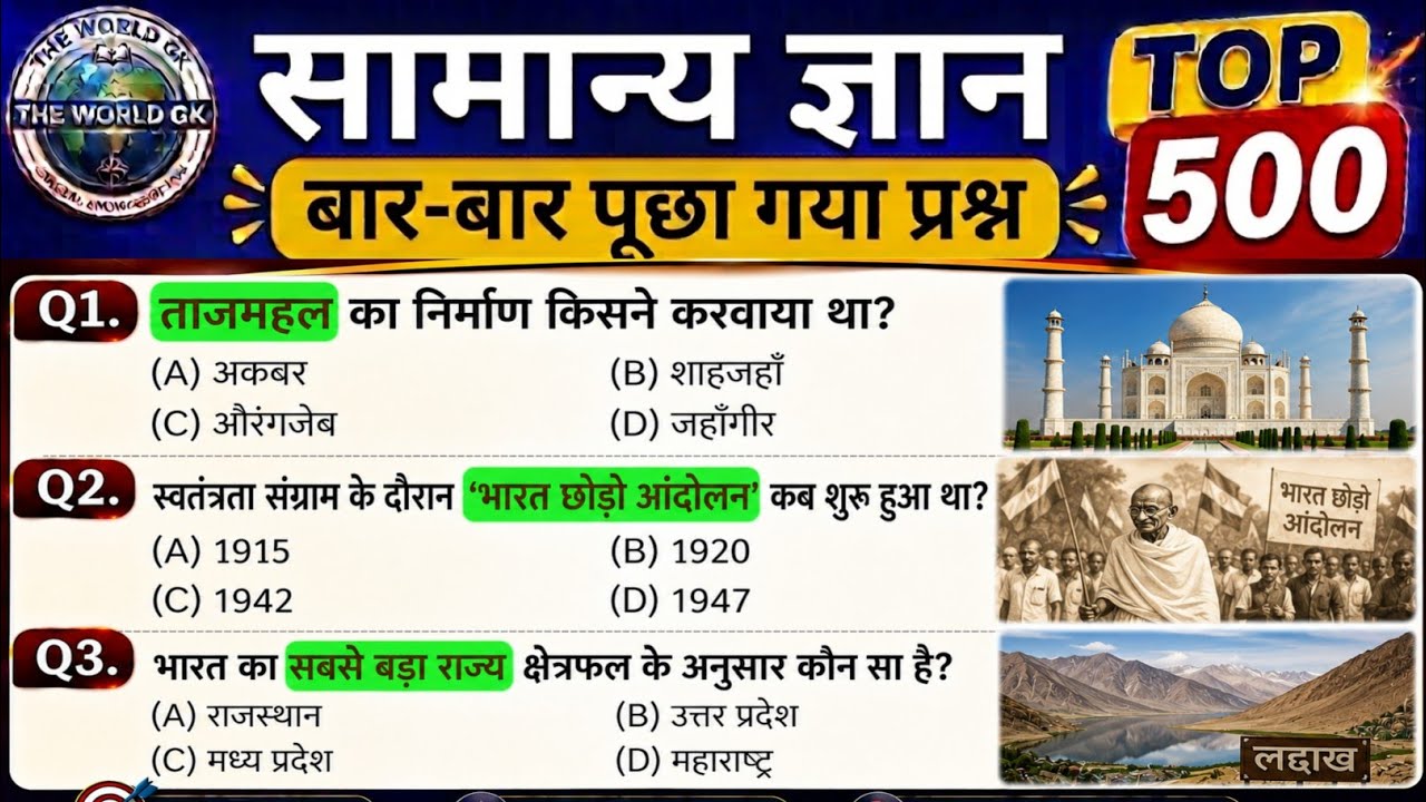India GK 2026 🚀 | Maha Marathon 500 Questions | Top GK GS Questions | SSC Railway UPSC Preparation