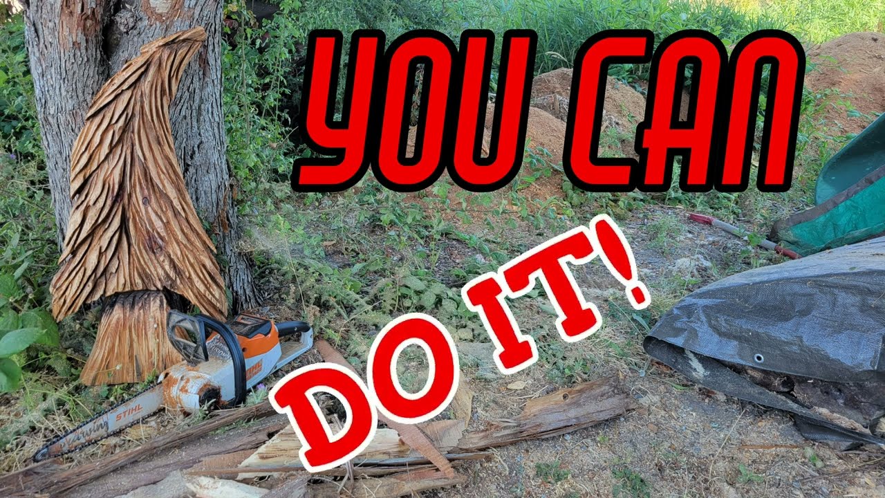 Chainsaw carving a Tree with a battery chain saw.