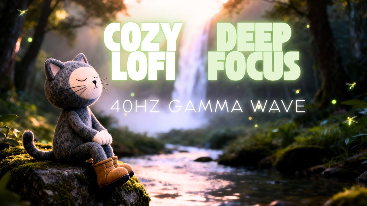 1 Hour 40hz Cozy Lofi Study Music - Milo The Midnight Cat | Forest Waterfall Deep Focus