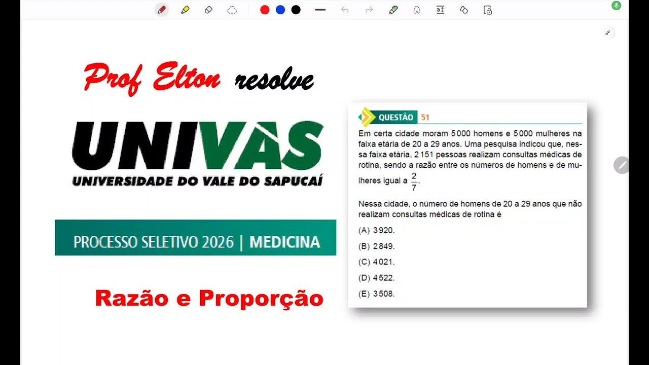 Univas 2026 - Correção - Med - Razão e sistema - Em certa cidade moram 5 000 homens e 5 000 mulheres