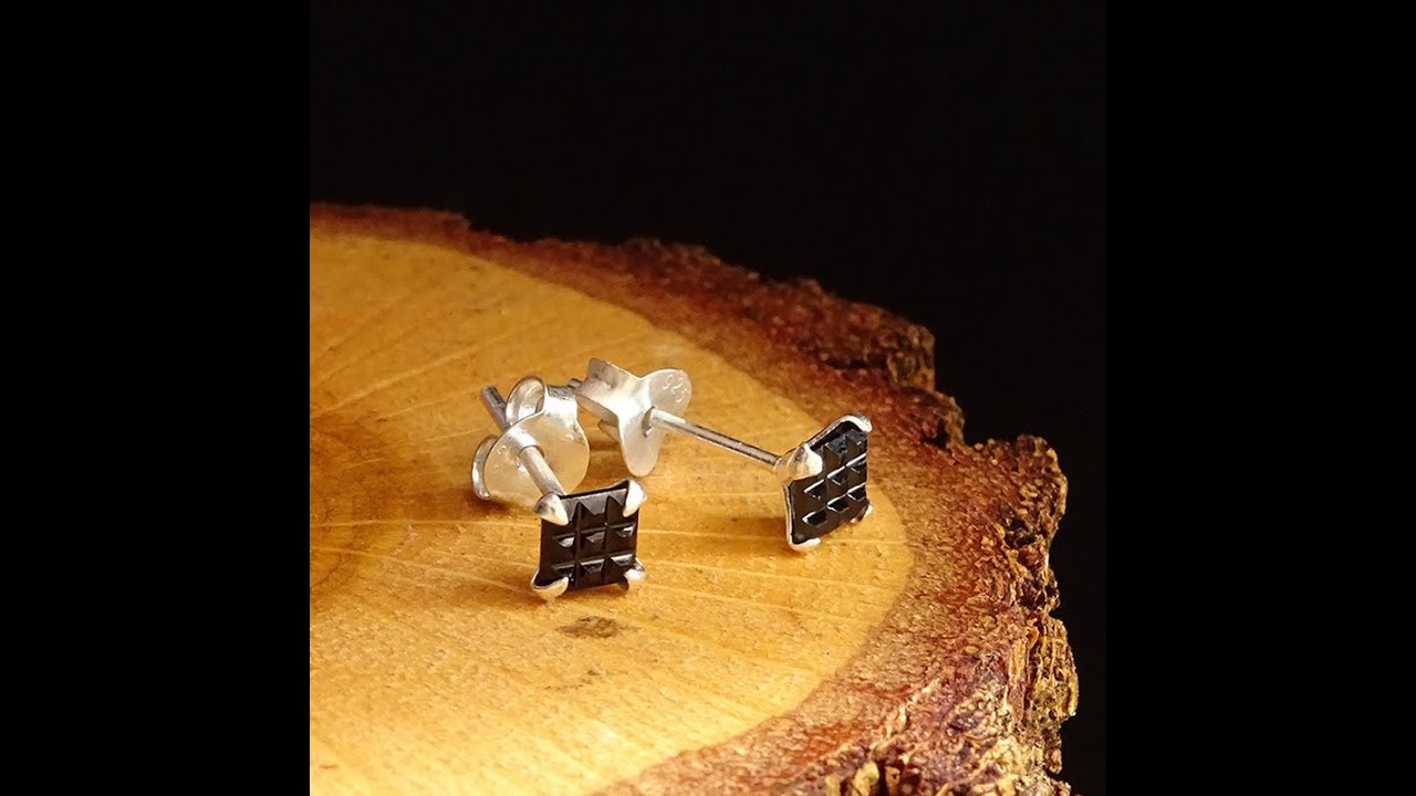 Real Solid 925 Sterling Silver Men Stud Earrings with Black CZ