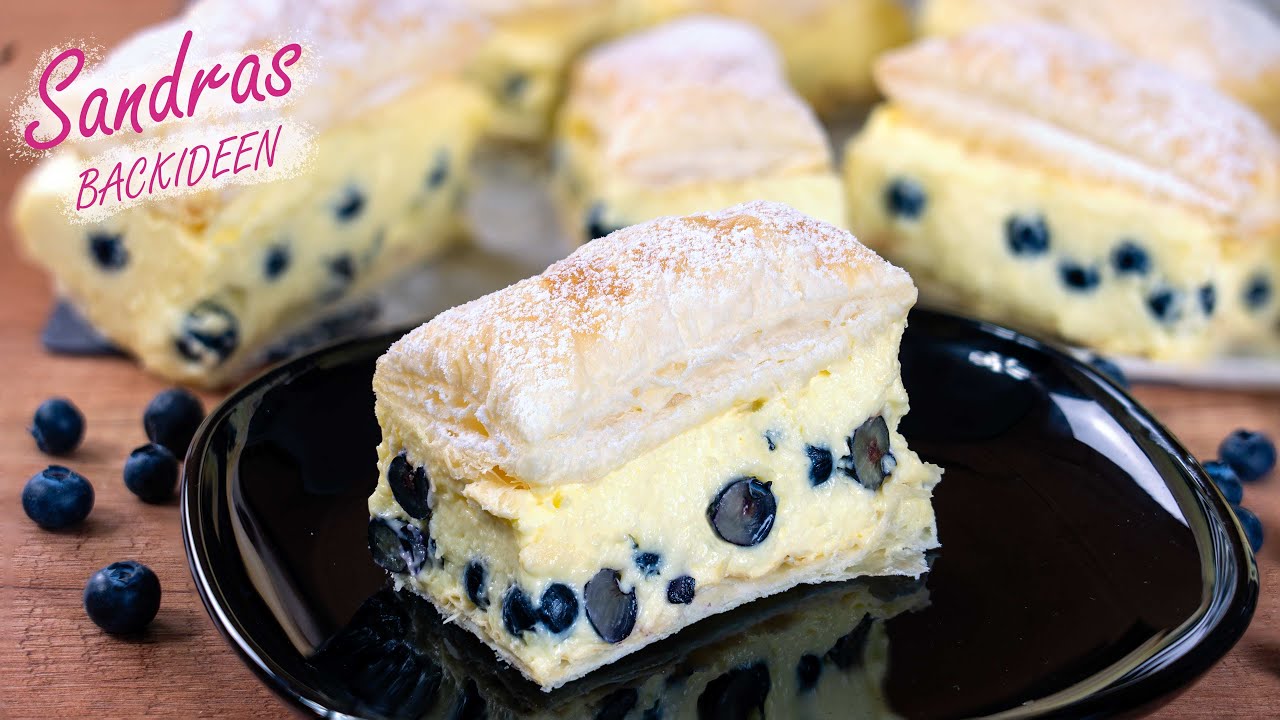 Blätterteig Blaubeerkuchen mit Paradiescreme | schnelles Rezept